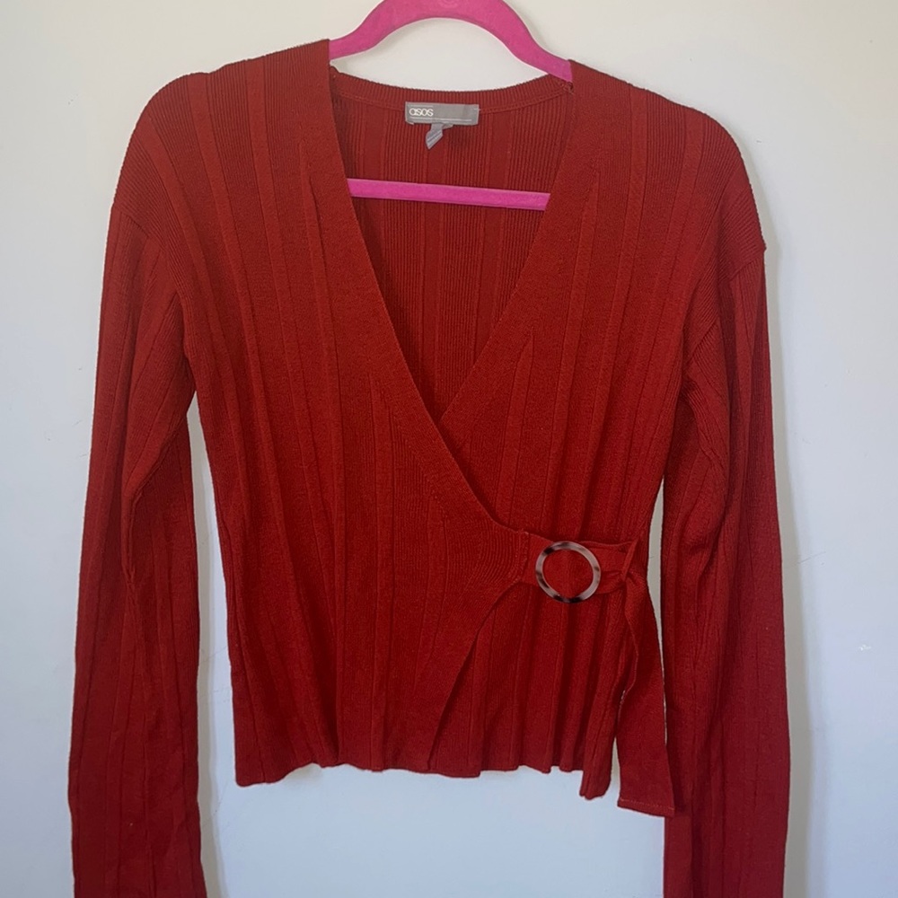 Burnt orange tie front sweat top with bell sleeves
